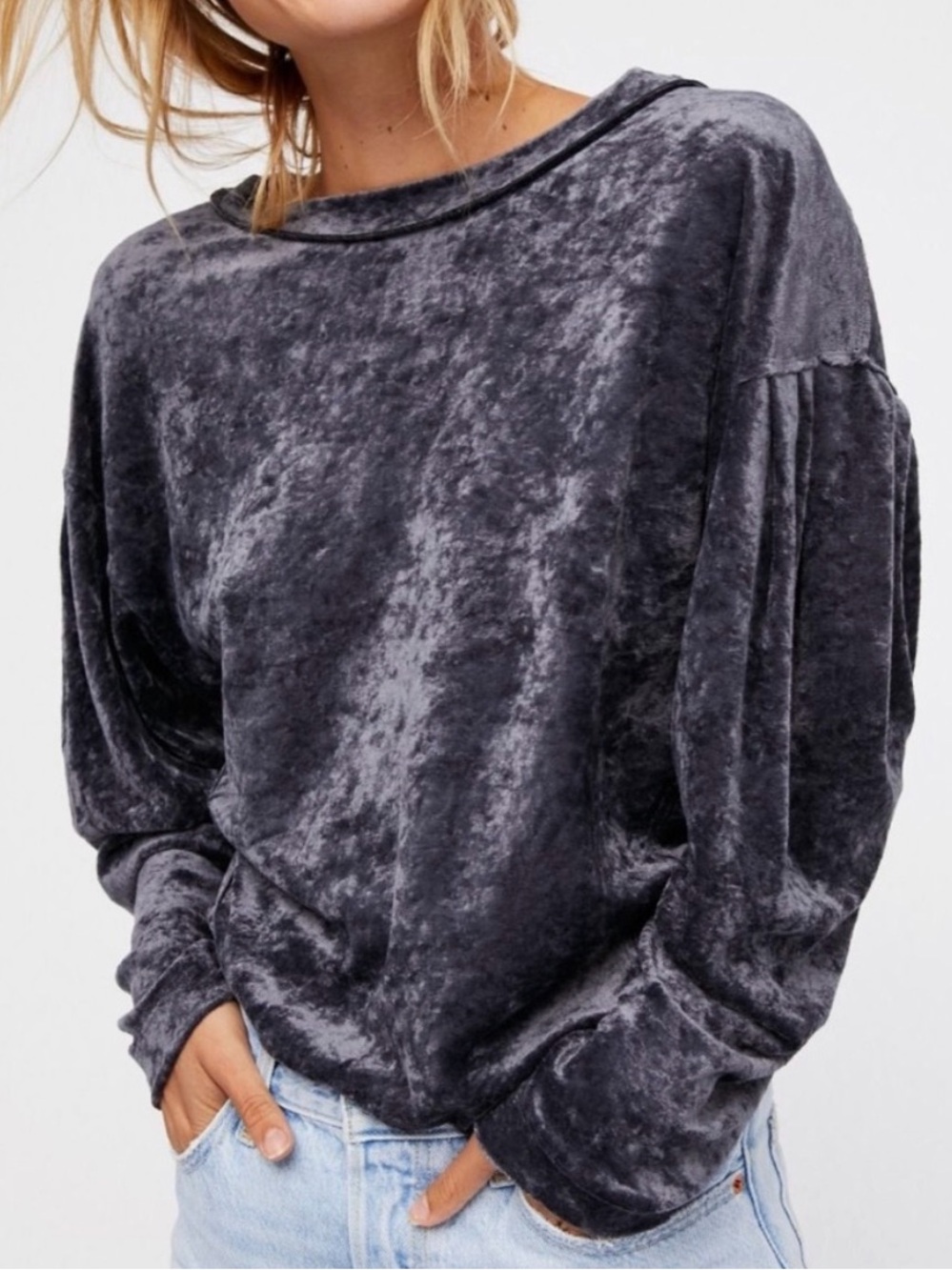 We The Free Crushed Velvet Gray Milan Layering Crewneck Top Size M